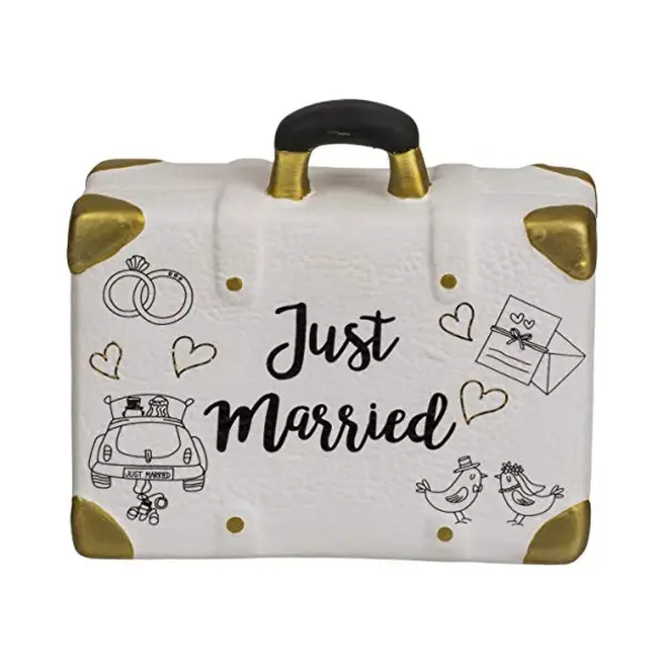 Out of the blue Keramik Spardose Koffer Mit Stopfen, Hübscher Geldkoffer Mit Aufschrift Just Married, 12, 5 X 14 X 5, Cm, Witzige Verpackung Für Geld-Geschenk Für thumbnail