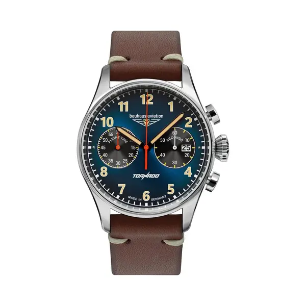 Bauhaus Aviation Men's Watch Stainless Steel Series Tornado Chronograph 5 Atm With Leather Strap In Various Designs, Blue, Retro thumbnail