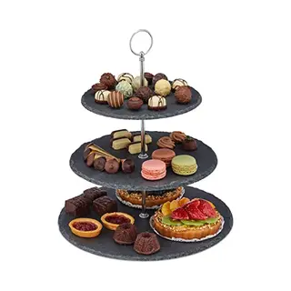 Relaxdays Serving Stand, 3-tiers, Slate, Afternoon Tea, Cakes & Snacks, Fruit, Étagère, Hxø 34 X 30 Cm, Grey/silver