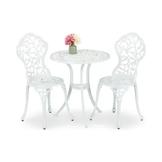 Relaxdays Gartenmöbel Set, 3-teilig, Tisch & 2 Stühle, Aluguss, Balkonmöbel Mit Blättermuster, Garten Sitzgruppe, Weiß