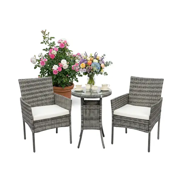 Relaxdays Garden Lounge Set, 3-piece Rattan Seating, For 2, 2x Armchairs & Glass Table, Outdoor, Grey thumbnail