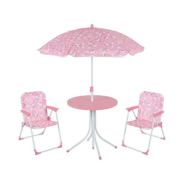 Relaxdays Camping Kindersitzgruppe, Einhorn Motiv, Kindersitzgarnitur Mit Schirm, Klappstühlen & Tisch, Garten, Rosa thumbnail