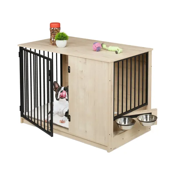 Dog Crate, Indoor Kennel, 65.5x102x60 Cm, Cage With 2 Swivelling Bowls, Mdf & Steel, Wood Look, Grey/black - Relaxdays thumbnail