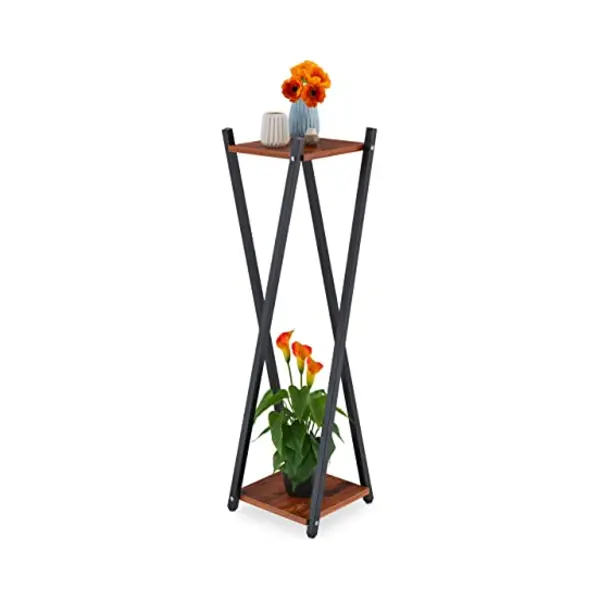 Relaxdays - Blumenständer, 2 Etagen In Holzoptik, Metall/mdf, Moderner Blumenhocker, Hbt, 99x29x29 Cm, Schwarz/dunkelbraun thumbnail