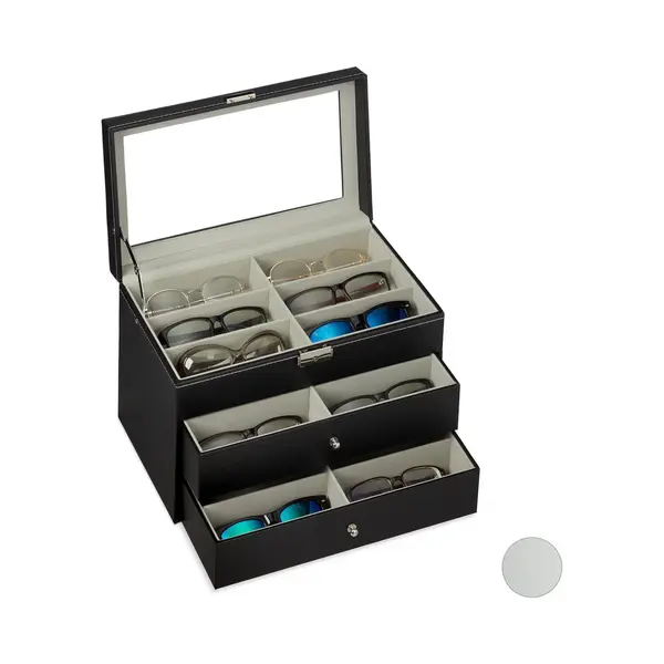 Relaxdays - Box For 18 Glasses, Sunglasses Storage Case, Hwd, 22.5x33.5x19cm, Faux Leather Crate, Black thumbnail