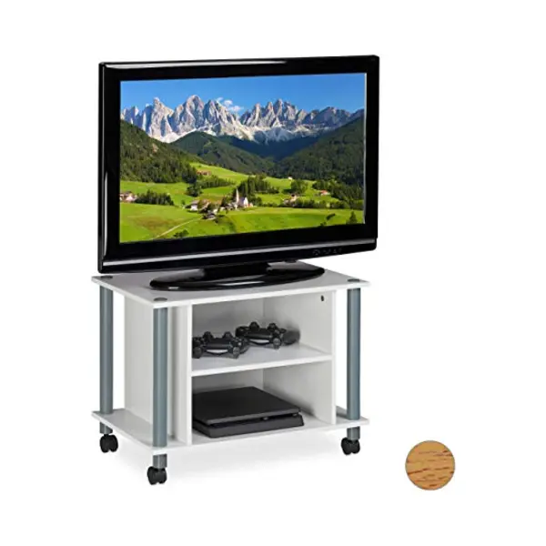 Relaxdays Tv-Regal Tv Tisch Mit Rollen Und 2 Fächern, Weiß thumbnail