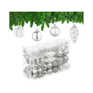 Relaxdays Christmas Baubles Set Of 72, Glittering, Matt & Shiny Tree Decorations, Boots, Heart & Cones, Plastic, Silver, 24 X 38 X 12 Cm