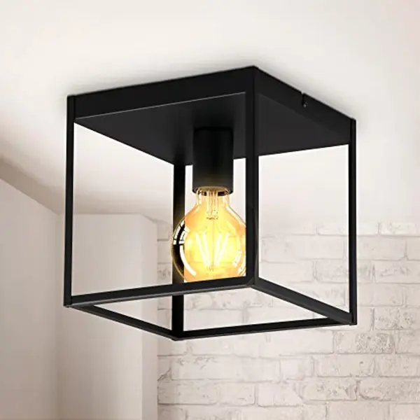B.K.Licht Ceiling Light, E27 Socket, Bulb Not Included, Black Metal, Cage Shape, Small Cube, Side 22cm/8.6in, Flush Mount Ceiling Lamp For Entrance Or thumbnail