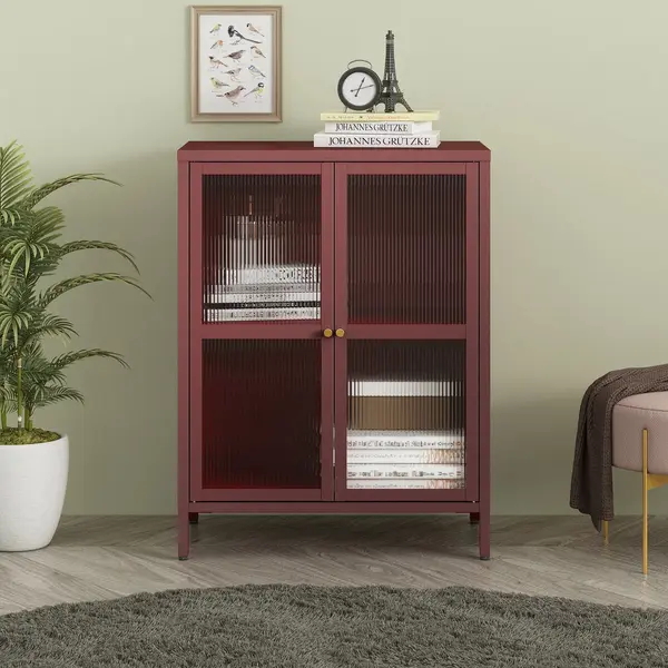 En.casa Sideboard, »Säkylä« Stahl Mit 2 Glastüren Geriffelt 84x64x35 Cm Bordeaux thumbnail