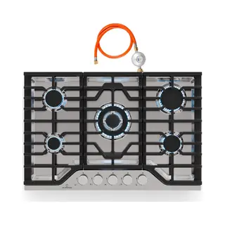 Klarstein Turbocast Gas Hob, 5-Burner Stainless Steel Cooktop, 3.4kW Wok Burner, Cast Iron Pan Holders, Electric Ignition & Safety Shut-Off, Lpg