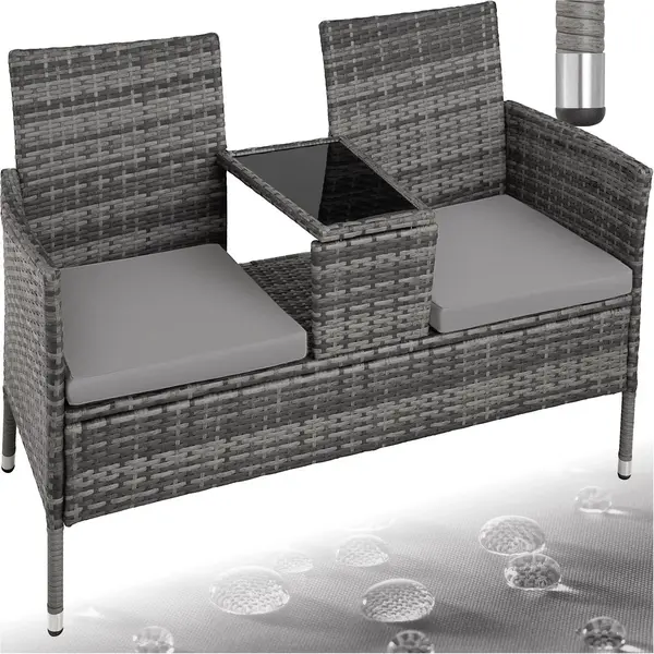 Tectake® Wicker Tuinbank Met Tafel - 2-zits - 131 X 61 X 82 Cm - Bank Inclusief Kussen - Grijs - 2 Tuinstoelen In 1 Tuinmeubel thumbnail