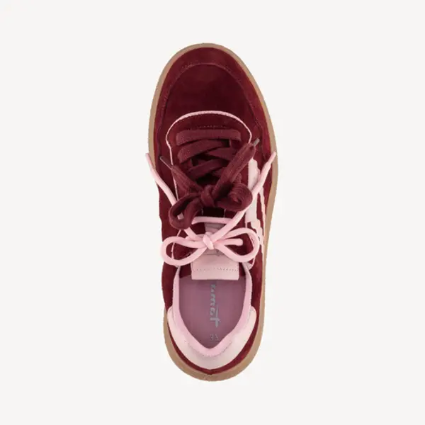 Infinity Leather Tamaris Leather Fashion Stripe Lace Up Sneakers In Burgundy thumbnail