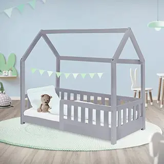 Ml Design modern living Ml-Design Kinderbed, 70 X 140 Cm, Lichtgrijs, Van Massief Hout, Met Valbescherming, Dak En Lattenbodem, Huisstijl, Slaaphuis, Veiligheidsbarrière