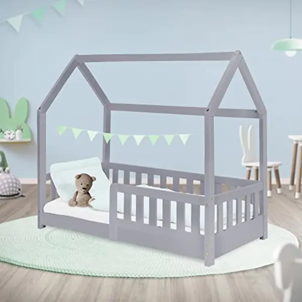 Ml Design modern living Ml-Design Kinderbed, 70 X 140 Cm, Lichtgrijs, Van Massief Hout, Met Valbescherming, Dak En Lattenbodem, Huisstijl, Slaaphuis, Veiligheidsbarrière thumbnail