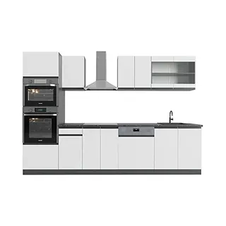 Vicco - Küchenzeile R-line, Weiß/anthrazit, 300 Cm J-shape, Mit Hochschrank, Ohne Arbeitsplatte