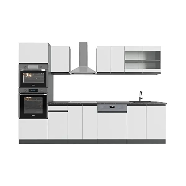 Vicco - Küchenzeile R-line, Weiß/anthrazit, 300 Cm J-shape, Mit Hochschrank, Ohne Arbeitsplatte thumbnail