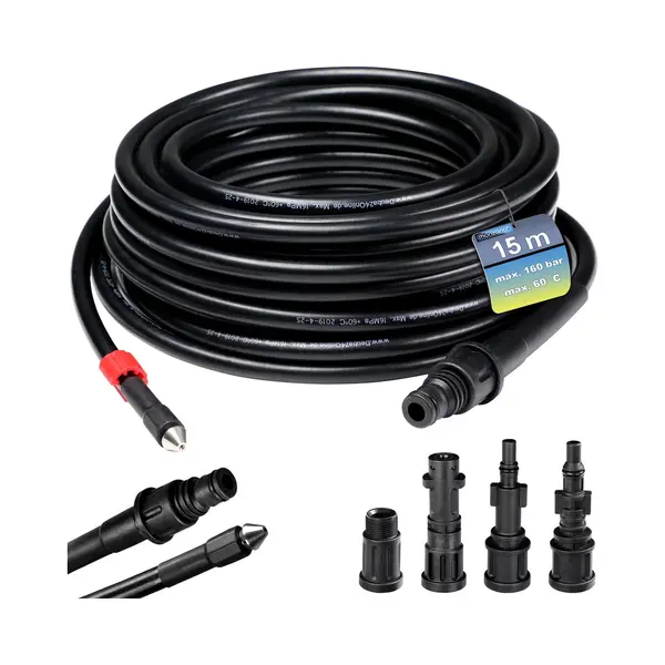 Deuba Rohrreinigungsspirale, Rohrreinigungsschlauch 15m 160Bar 4 Adapter Rohrreinigungsset Schlauch thumbnail