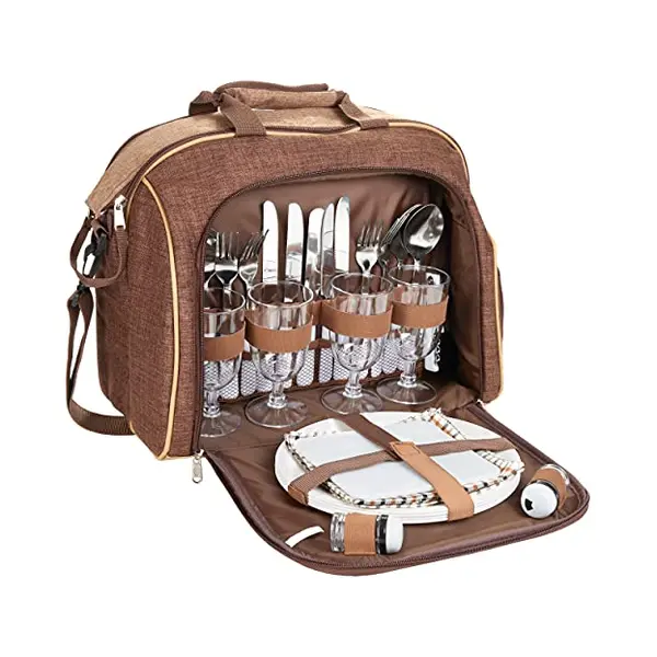 Brubaker Picknicktasche Für 4 Personen Mit Kühlfach - Tragbar Als Duffelbag Oder Schultertasche - Braun 38 × 30 X 21, 5 Cm thumbnail