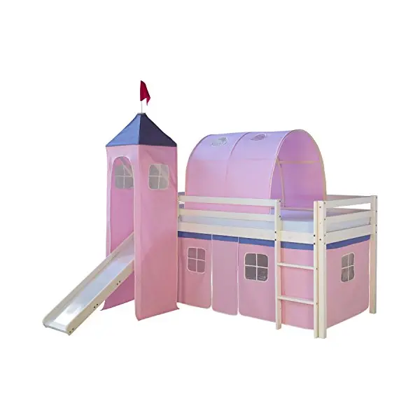 Homestyle4u 1575, Kinder Hochbett Mit Rutsche, Leiter, Turm, Tunnel, Vorhang Rosa, Massivholz Weiß, 90x200 Cm thumbnail