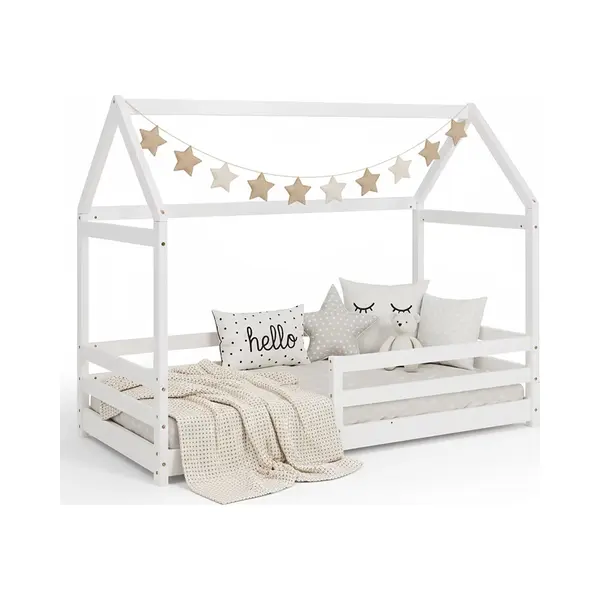 Homestyle4u Hausbett 80x160 Cm Kinderbett Bodenbett Holzbett Weiß Kleinkind Rausfallschutz (Set, Mit Lattenrost), Kiefer thumbnail