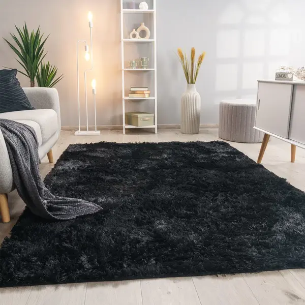 Paco Home - Hochflor Teppich Wohnzimmer Fellteppich Kunstfell Shaggy Flauschig Einfarbig 60x100 Cm, Schwarz thumbnail