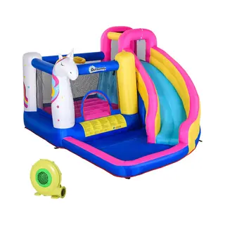 Outsunny Hüpfburg Mit Gebläse Für Kinder Aufblasbare Wasserpark Mit Wasserrutsche Planschbecken Trampolin Basketballkorb Hüpfburgen Für Indoor