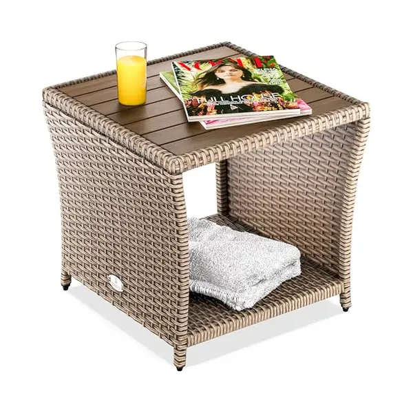Casaria® Weatherproof Polyrattan Garden Side Table With Acacia Wood Tabletop | Powder Coated Steel Frame 45x45x40cm 80kg Load Capacity | Indoor thumbnail