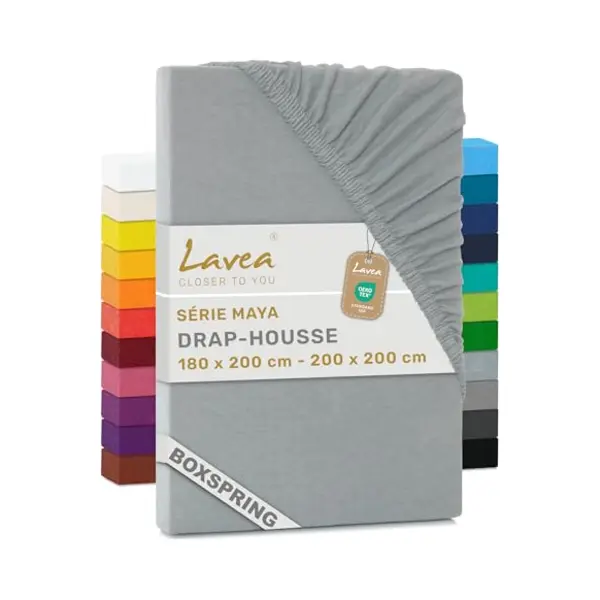 Lavea Jersey Spannbettlaken 180-200x200cm - 40cm Steg Für Boxspringbetten - Silber, Weich & Atmungsaktiv - Premium Qualität, Pflegeleicht, Perfekte thumbnail