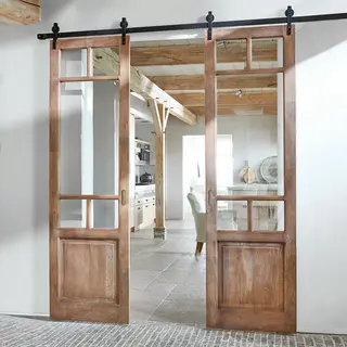 Loberon Schiebetür Bradas, Historischer Stil, Handarbeit, Natürliche Maserung, Inkl. Schiebevorrichtung, Raumteiler, Raumtrenner, Mangoholz, Glas,