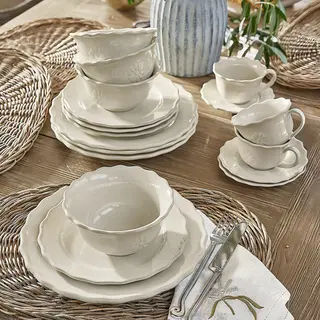 Loberon Geschirr 30er Set Mallevesse, Zart Eingeprägtes Blumenmuster, Zeitlose Eleganz, Spülmaschinenfest, Küchenzubehör, Tischaccessoires,