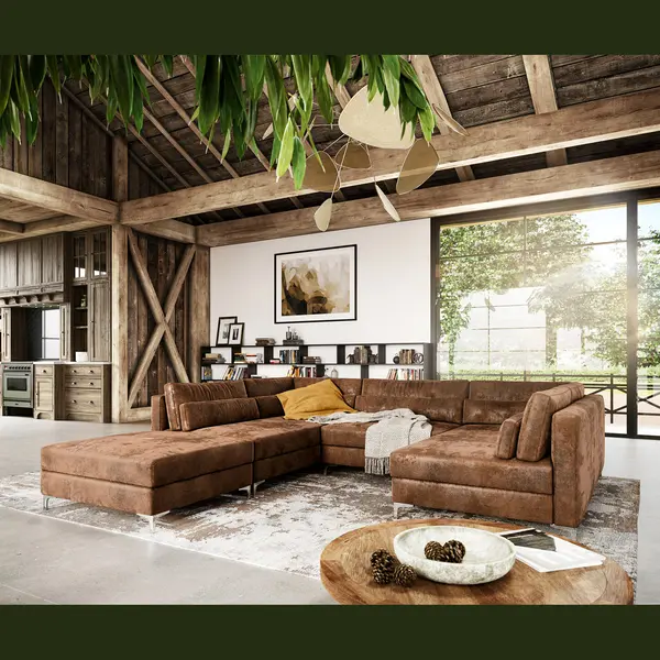 Delife Wohnlandschaft Elio 300x185 Cm Lederimitat Vintage Braun Antik Mit Hocker thumbnail