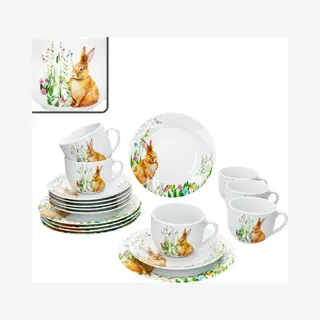 MamboCat 18tlg Kaffeeservice Osterfreude I Frühlingshaftes Porzellan-Geschirr Mit Osterhasen-Dekor Für 6 Personen I Je 6X Tassen 200ml, Untertassen