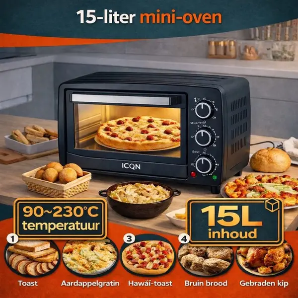 Icqn Kompakter Minibackofen 15 Liter, 1200W, 60 Min-Timer, 3 Kochfuntionen, 90°-230°C, Kleiner Camping Ofen, Anthrazit, 2-Jahre Garantie thumbnail