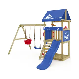 Wickey Spielturm DinkyHouse Mit Schaukelanbau - Blaue Rutsche & Plane - Kinder Kletterturm Für Den Garten Aus Massivholz - 303x317x247 Cm