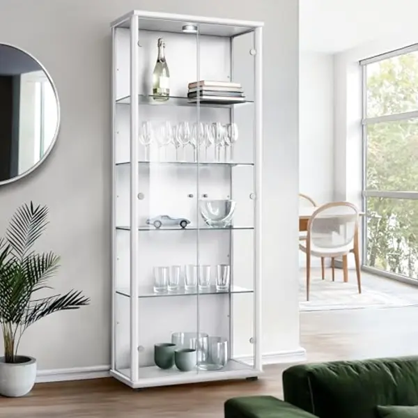 K-Möbel Vitrinekast Met Glas Staand Met 2 Deuren, 4 In Hoogte Verstelbare Glasplanken - Vitrinekast Met Led Verlichting - 176x67x33 Cm - Wit thumbnail