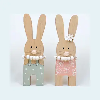 Mooie Set Van 2 Houten Konijntjes Paashaasjes Met Parelsnoer 6cmBx 15cm H
