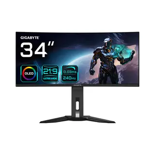 Gigabyte Oled Wqhd Curved Gaming Monitor MO34WQC2 - 34 Zoll, 3440 x 1440, 240Hz, 0,03ms, Kvm, 250 cd/m², FreeSync Premium Pro, DisplayHDR True Black 400, Hdmi 2.1, Displayport 1.4