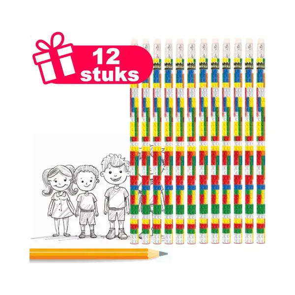 Henbrandt - 12 Stuks Bouwstenen Potloden Met Gum - Uitdeelcadeautjes Voor Verjaardag Traktaties - Potood Grabbelton Cadeautjes - Kinderfeestjes - thumbnail