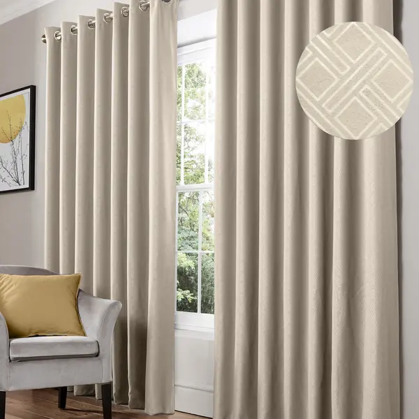 Terrys Diamond Blackout Ready Made Eyelet Curtains Cream thumbnail