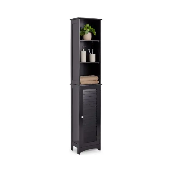 VonHaus Tall Bathroom Cabinet – Freestanding Storage Cupboard – Slimline Tallboy Unit With 6 Shelves And 1 Door – Wooden Shutter Style Furniture thumbnail