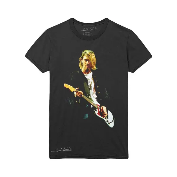 Kurt Cobain T-Shirt Guitar Photo Colour Logo Neu Offiziell Unisex Schwarz Größe M thumbnail
