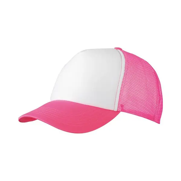Myrtle Beach Volwassenen Unisex 5 Panel Polyester Mesh Cap (Wit/neon-roze) thumbnail