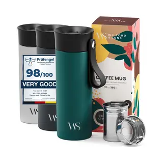 Wilford & Sons Thermosbeker Koffie To Go Met Draagriem & Thee-Infuser 360ml, Geïsoleerd & Lekvrij - Bpa-Vrij, Vaatwasmachinebestendig | Dubbelwandige