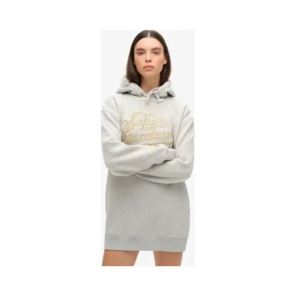 Superdryvoor Vrouwen. W8011756A Luxe Grijze Jurk Met Capuchon En Metalen Luxe Logo (S/M), Casual, Grijs, Katoen, Lange Mouwen thumbnail
