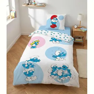Aymax Beddengoedset, Blauw, Smurfen, 100% Katoen, Omkeerbaar Dekbedovertrek 140 X 200 Cm + Kussensloop 65 X 65 Cm