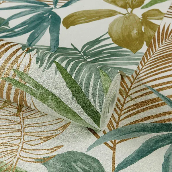 Grandeco Wild Palm Metallic Textured Wallpaper In Teal thumbnail