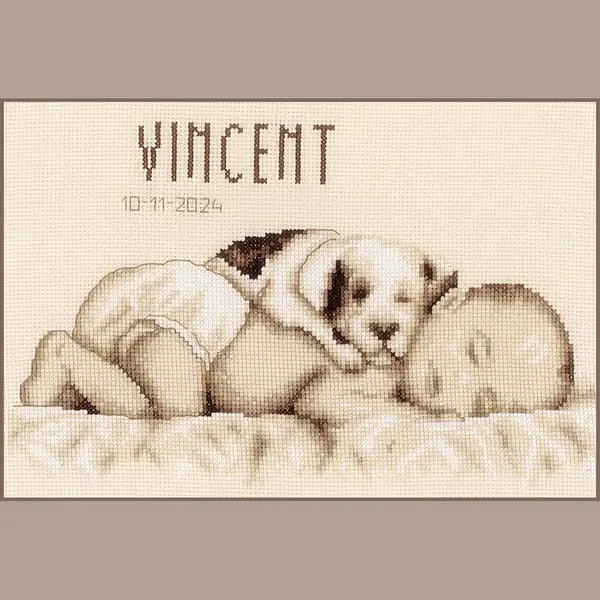 Vervaco - Telpakket Kit - Geboorte - Sepia - Baby Met Hond - Pn-0199545 - Borduren - Borduurpakket - Borduurpakket Geboorte - Borduurpakket thumbnail