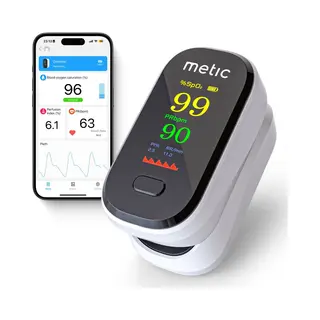 Onbekend Metic Saturatiemeter Met App - Zuurstofmeter Vinger - Incl. Batterijen - Met Koord - Best Getest - Oximeter - Saturatiemeters