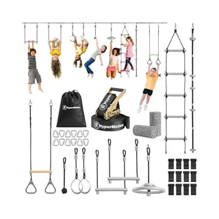 HyperMotion Ninja Hindernisbaanset Voor Kinderen, 9 Obstakels Met Cirkelstangen En Ladder, Belastbaar Tot 113 Kg, Voor Kinderen En Volwassenen In De