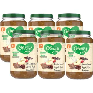 Olvarit Babymaaltijd 6+ Maanden – Bruine Bonen Appel Rijst Rundvlees – 6 X 200g